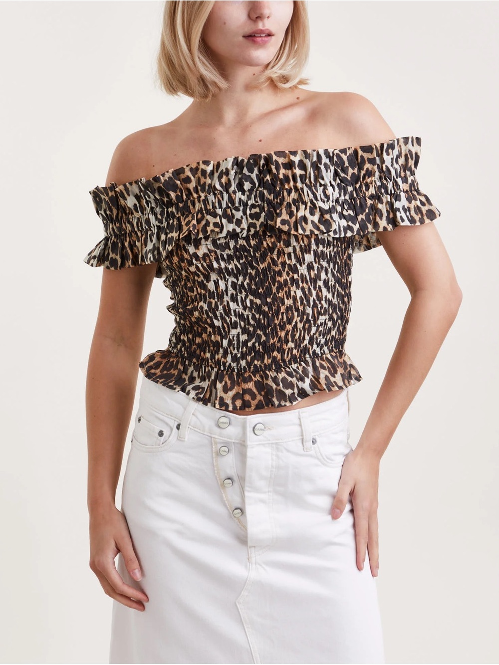 Ganni Voile Off-Shoulder Leopard Print Smock Top